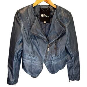The Fillmore Blue Faux Leather Moto Jacket - size Medium